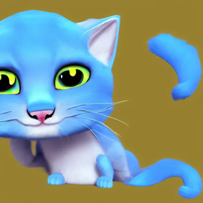 Image similar to cute blue cat of cheshire from alice in wonderland. an adorable cat with light blue stripes and a big human like playful smile. award - winning digital art, trending on artstation