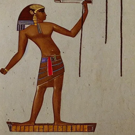 Prompt: Egyptian drawing of a man using a shake weight, ancient, photorealistic