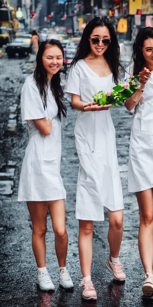 Image similar to 3 beautiful young woman plaque doctors wearing white wet short sun dresses walking toward the camera in the streets of a cyberpunk new york, 8 k, raining streets, wet streets,