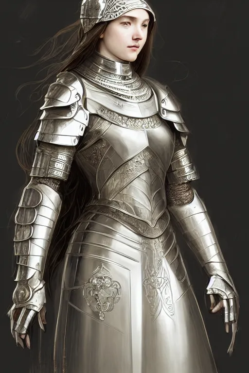 Image similar to beautiful and victorian and holy and divine and elite young medieval female white armor knight portrait +shinny eyes+front face with light flowing hair, ultradetail face, art and illustration by tian zi and craig mullins and WLOP and alphonse mucha, fantasy, intricate complexity, human structure, human anatomy, fantasy character concept, watermark, blurry, hyperrealism 8k