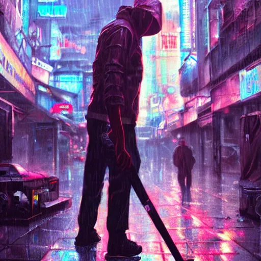 Prompt: man taking out trash near the crowded street of a cyberpunk city, rain, harsh neon lights, highly detailed, digital painting, trending on artstation, concept art, sharp focus, illustration, art by artgerm and greg rutkowski and magali villeneuve