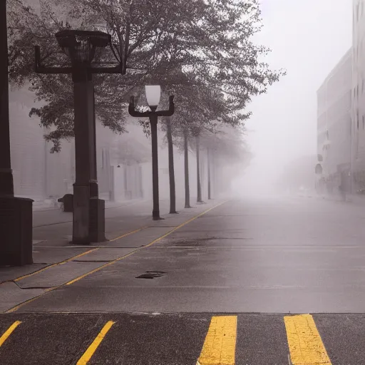 Prompt: Photograph of american street, foggy, afternoon, brown, heat ripples, 300mm f 5.6, award winning photograph