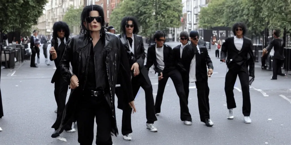 Prompt: michael jackson 2 0 0 9 wearing shades, alone, this is it style, photo real, motion blur, spotted with body guards in london across the road, walking, in the distane, by himself, real life, spotted, ultra realistic face, accurate, 4 k, movie still, uhd, sharp, detailed, cinematic, render, modern