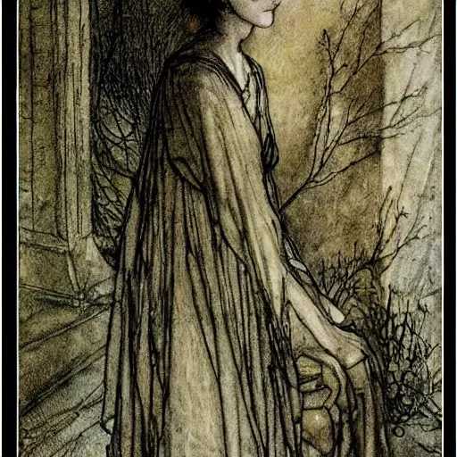 Image similar to by arthur rackham bleak. a kinetic sculpture beauty & mystery of the woman sitting before us. enigmatic smile & gaze invite us into her world, & we cannot help but be drawn in. soft features & delicate way she is dressed make her almost ethereal. landscape distance & mystery. what secrets this woman holds.