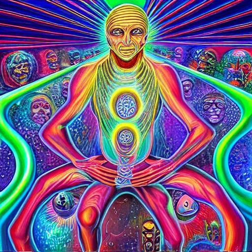 Prompt: alex grey painting of the dmt waiting room