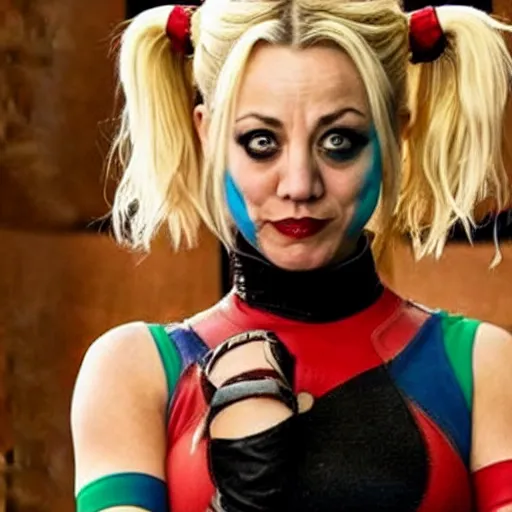 Image similar to A still of Kaley Cuoco as Harley Quinn