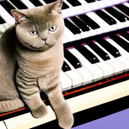 Prompt: portrait of british shorthair cat sitting on piano keys with colorful musical notes in background