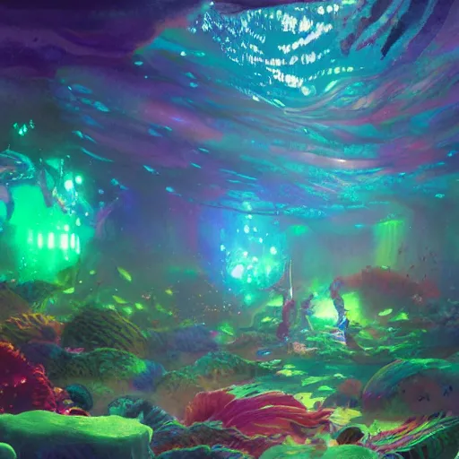 Prompt: a beautiful and vivid and colorful Grzegorz greg rutkowski watercolor and matte painting of an underwater discotheque with a disco ball and mermaids and fish and a colorful rainbow seaweed forest. trending on ArtStation