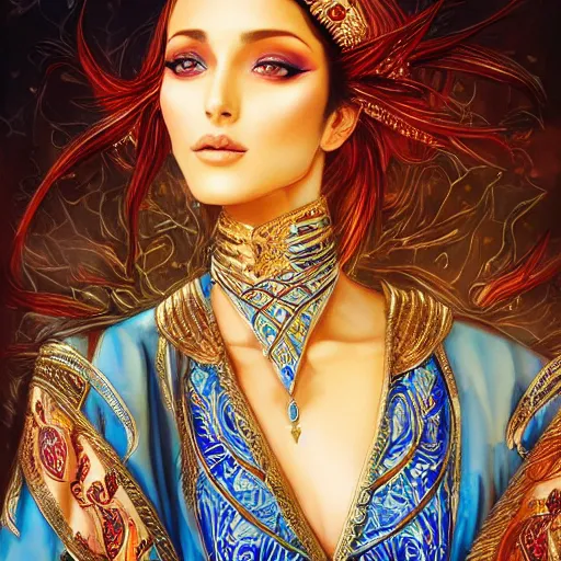 Image similar to a beautiful arabian woman wearing a kaftan by karol bak, ayami kojima, artgerm, arabian beauty, blue eyes, smile, concept art, fantasy