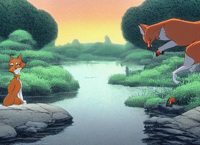 Prompt: sunningrocks by the river's shore, still frame from the fox and the hound ( 1 9 8 1 )