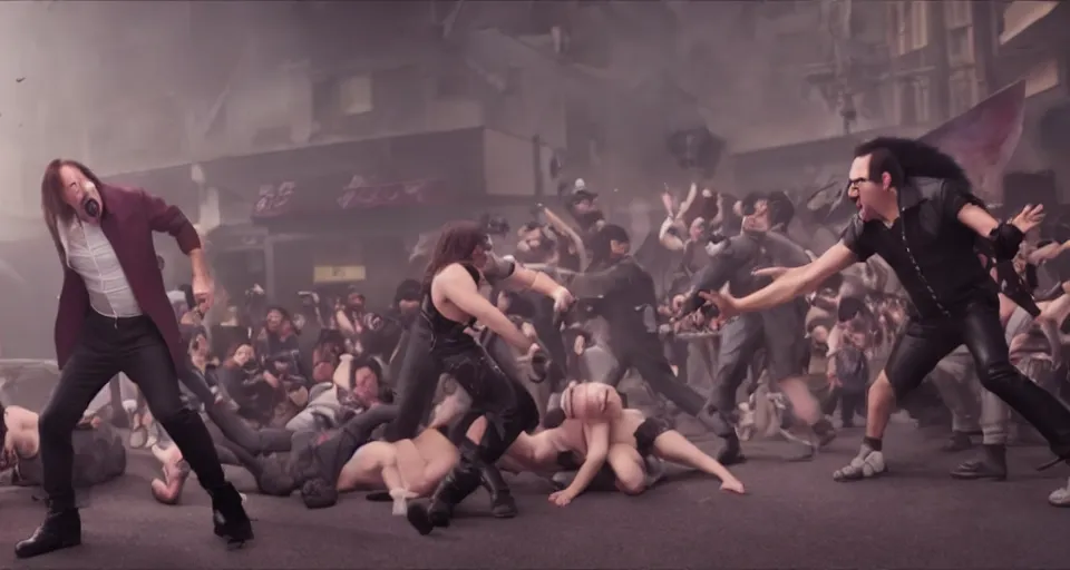 Image similar to nicolas cage beating up furry cosplayers, 4 k, octane render, choreographed fight scene, composition, shot by director park chan - wook