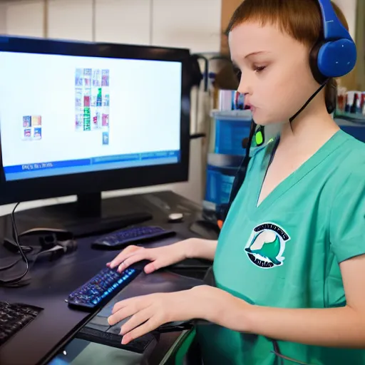 Prompt: A dolphin wearing a chemist outfit playing games on a computer