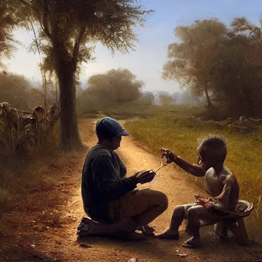 Image similar to painting of a man feeding a poor boy on a country road, surreal highly detailed, artstion greg rutkowski