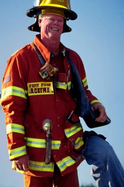 Prompt: kevin tighe wearing a fireman helmet with the number 5 1 on it, standing in a fire laughing