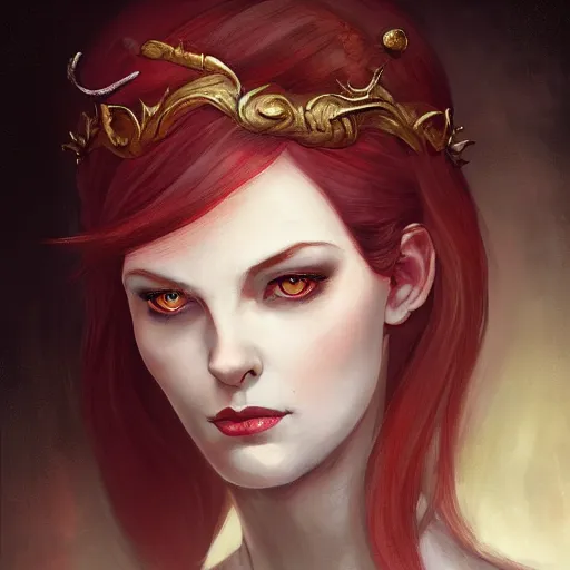 Image similar to a detailed matte head - on portrait painting of an middle - aged tiefling elegant and distinguished noblewoman with golden eyes and short long flowing red hair, by charlie bowater, lise deharme, wlop, tending on arstation, dungeons and dragon, dnd, pathfinder, fanart, oil on canvas