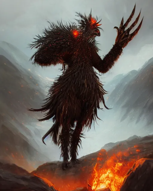 Image similar to oil painting of Angry Anthropomorphized Ostrich Berserker, wearing fur armor, claws, sharp focus, attack pose, fantasy style, octane render, volumetric lighting, 8k high definition, by greg rutkowski, highly detailed, trending on art Station, magic the gathering artwork, burning Battlefield background, centered