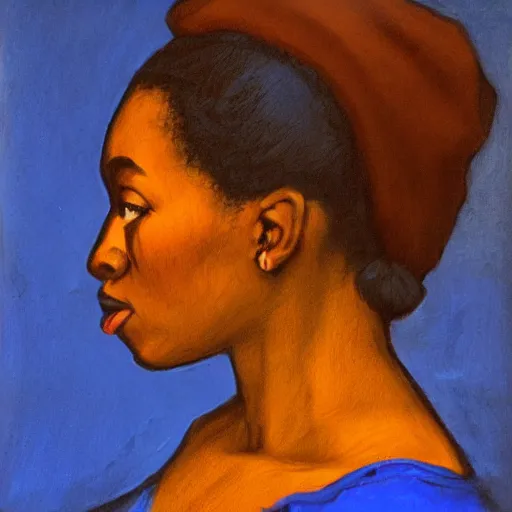 Prompt: profile portrait in angolan realist style, ultramarine blue, pyrrol scarlet, titanium white, tonalist, romanticist, high - contrast, art nouveau, expressive, modeled lighting
