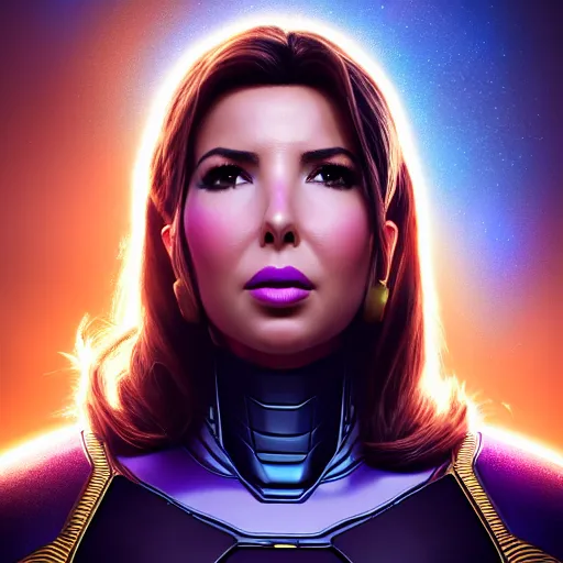 Image similar to a portrait of nancy ajram as thanos, the pixar adaptation, with same hairstyle, hyper detailed, digital art, trending in artstation, cinematic lighting, studio quality, smooth render, unreal engine 5 rendered, octane rendered