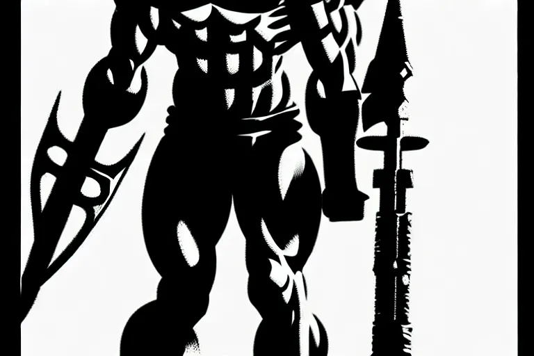 Image similar to god of weapons, sci - fi, full figure, epic stance, wide angle view, by frank miller