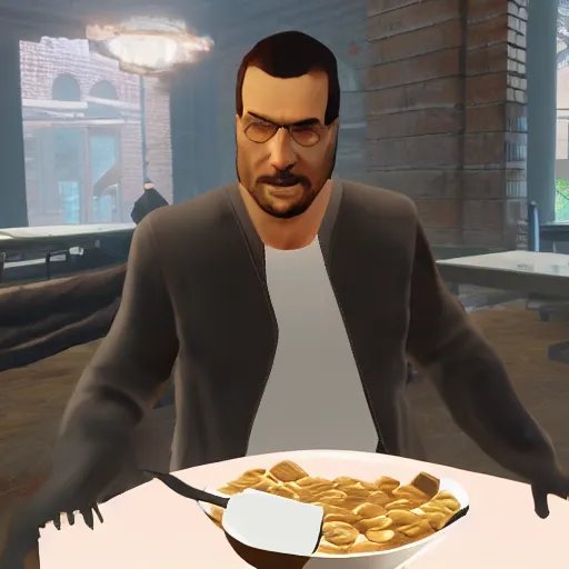 Image similar to jc denton from deus ex videogame eats cereal at a table near liberty island