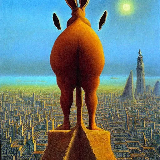 Image similar to a giant rabbit stands over a city painting by beksinski, by larry elmore, dali and barlowe colors. masterpiece painting