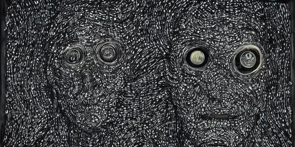 Image similar to eyeless man, technical, deconstructed, acrylic, teeth, eerie, tribal, clay, dotting, lines, stipple, points, cybernetic, style of old painting, francis bacon art, sleep paralysis, hypnosis, eerie, terror, oil, neon, black and white, splotches, colorful dots, ominous, abstract