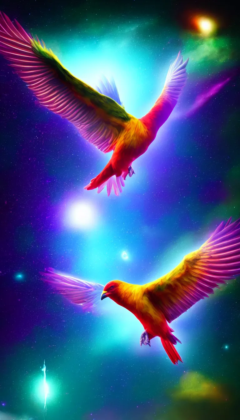 Image similar to highly detailed photo of single big colorful bird flying in the dark space, bird's head and eye are visible, hyper realistic, concept art, 8 k detail post - processing