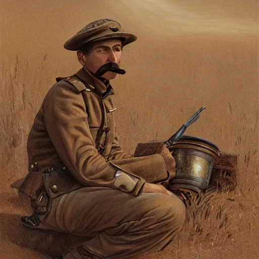 Image similar to a detailed photorealistic sepia - toned color portrait painting of a 1 9 1 7 worried clean - shaven british lieutenant in field gear in north arabia examining an ancient cylindrical clay jar, ultra realistic, intricate details, atmospheric, dark, horror, brooding, highly detailed, by clyde caldwell