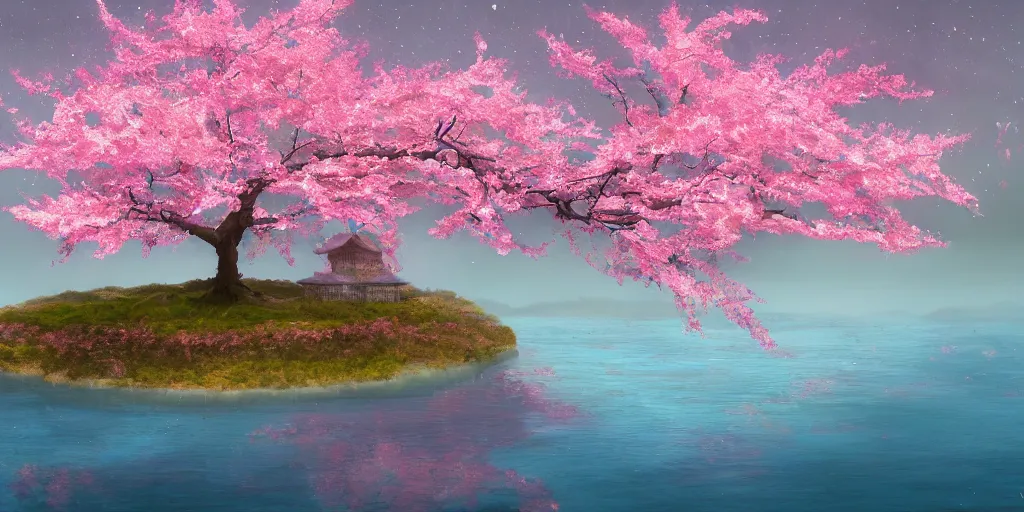 Image similar to a single sakura tree growing upon an island in a lake, cherry blossoms, illustration, light beams, digital art, oil painting, fantasy, 8 k, trending on artstation, detailed