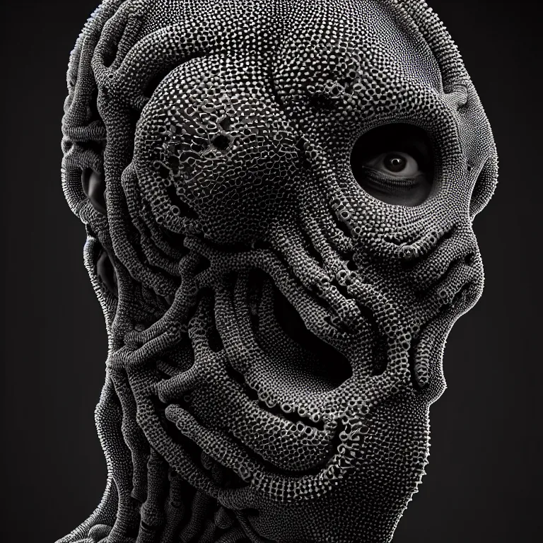 Prompt: portrait of beautiful man wearing black ribbed trypophobia black mask covered with ribbed spinal tubes, wastelands, baroque painting, beautiful intricate insanely detailed octane render, artstation, 8 k artistic harsh flash photography, photorealistic, volumetric perfect light, chiaroscuro, beeple, annie liebovitz, raphael, caravaggio, rutkowski