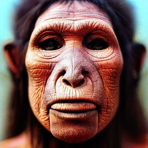 Image similar to “ Full body portrait of a primitive pre-human woman Neanderthal looking deeply to the camera, blue eyes, smiling, anthropology photography, color kodakcrhome 64,National Geographic ”