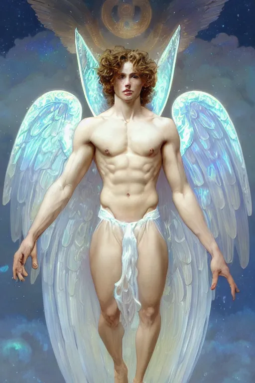 Prompt: portrait of a beautiful young fit male angel with curly blond hairs, dressed with fluent clothes, majestic symmetrical white wings, luminous halo, by greg rutkowski and alphonse mucha, gradient white to gold, in front of an iridescent background, highly detailed portrait, digital painting, artstation, concept art, smooth, sharp focus ilustration, artstation hq