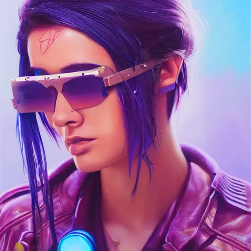 Image similar to very detailed masterpiece closeup painting of a very beautiful young mexican cyberpunk woman with light blue shutter shades, one side haircut, long brown hair with light blue ends, purple leather jacket, beauty mark on cheek, portrait, synthwave background, artstation, concept art by greg rutkowski