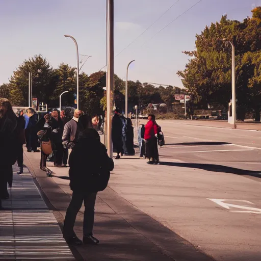 Image similar to photo of people waiting at bus stop, afternoon lighting