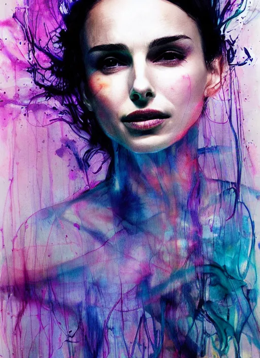 Image similar to vicious smile nathalie portman by agnes cecile, extremely luminous bright design, pastel colours, ink drips, autumn lights