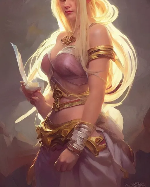 Image similar to '' Portrait of Beautiful blonde Slavic woman, league of legends, LOL, fantasy, d&d, digital painting, artstation, concept art, sharp focus, illustration, art by greg rutkowski and alphonse mucha ''