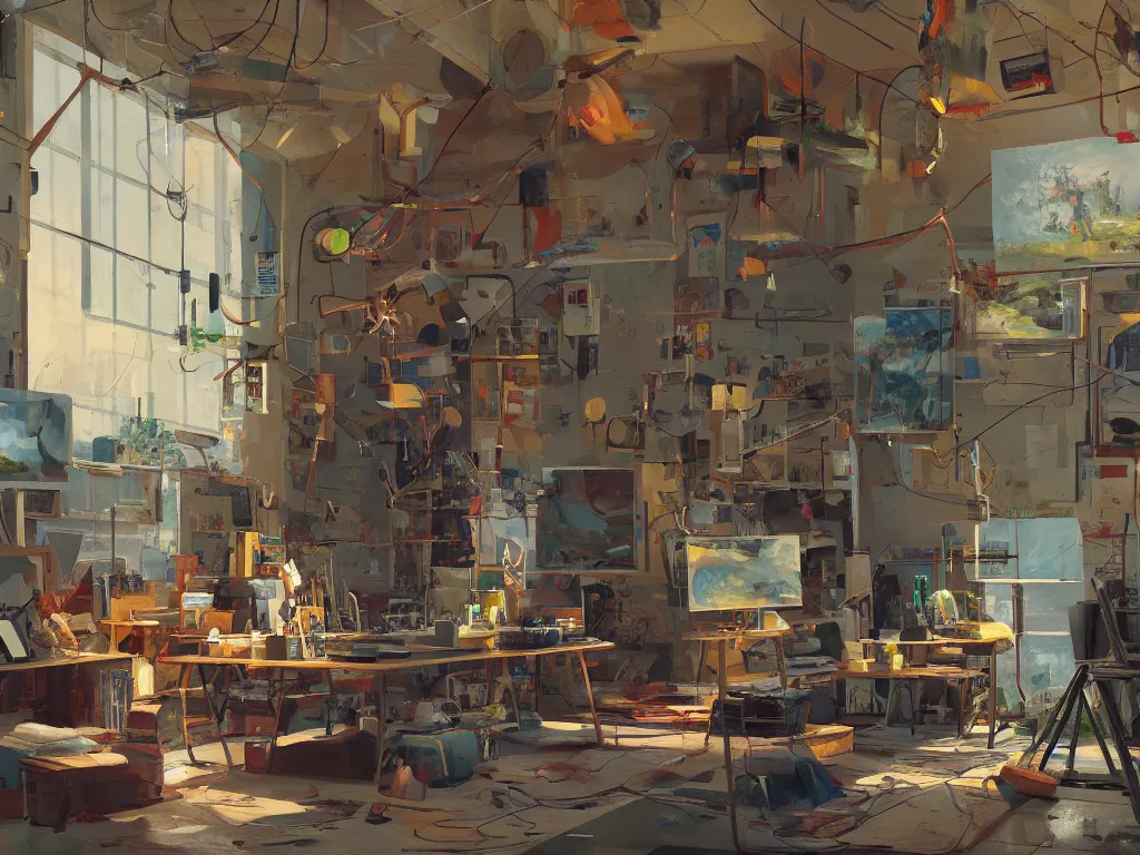 Image similar to an art studio in a painting from stalenhag, 4 k, 8 k, hdr, artstation, concept art