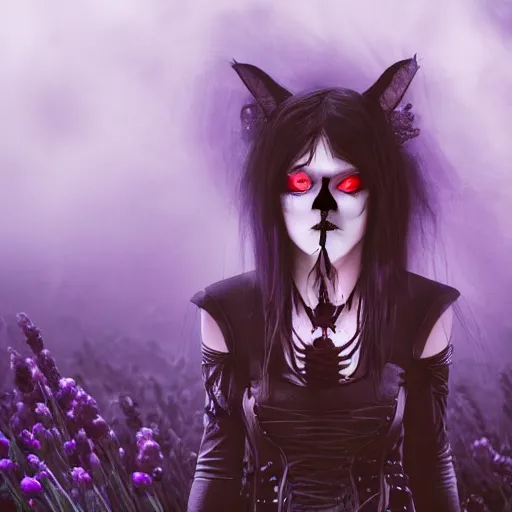 Image similar to american mcgee's vampire goth cyborg alice in lavender madness land sharp focus hyperrealistic cinematic forest of fog sharp portrait