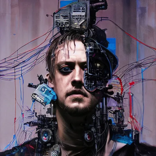 Image similar to boyd holbrook as a cyberpunk hacker, skulls, wires cybernetic implants, machine noir grimcore, in the style of adrian ghenie esao andrews jenny saville surrealism dark art by james jean takato yamamoto and by ashley wood