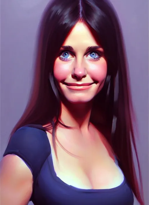 Prompt: portrait of cute 1 8 year old courtney cox as a bit chubby girl, painted by stanley artgerm, sleek curves, sharp focus, trending on artstation hq, deviantart