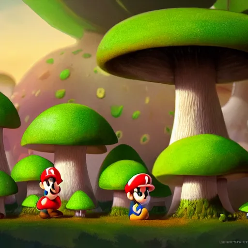 Prompt: mushroom kingdom from mario, digital art, giant green and white spotted mushrooms, at night, exotic flowers and plants, sprites, irina french, cinematic lighting, heraldo ortega, mandy jurgens trending on artstation 8 k 1 5 0 mpx