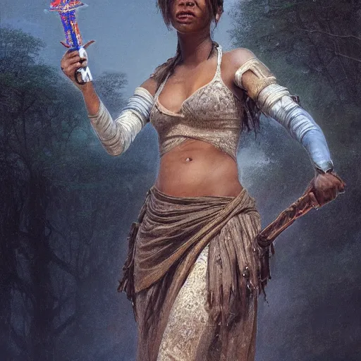 Image similar to artstation concept of a beautiful girl holding a saber, brown skin, sweaty skin, symmetrical face, casual white garment, white desert background, shiny colorful, hyperdetailed, artstation trending, world renowned artists, worth1000.com, historic artworks society, antique renewal, cgsociety, by greg rutkowski, by Gustave Doré, Deviantart