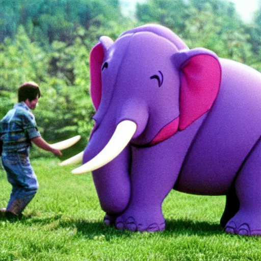 Image similar to the legend of big sir large purple elephant hippo monster, film still