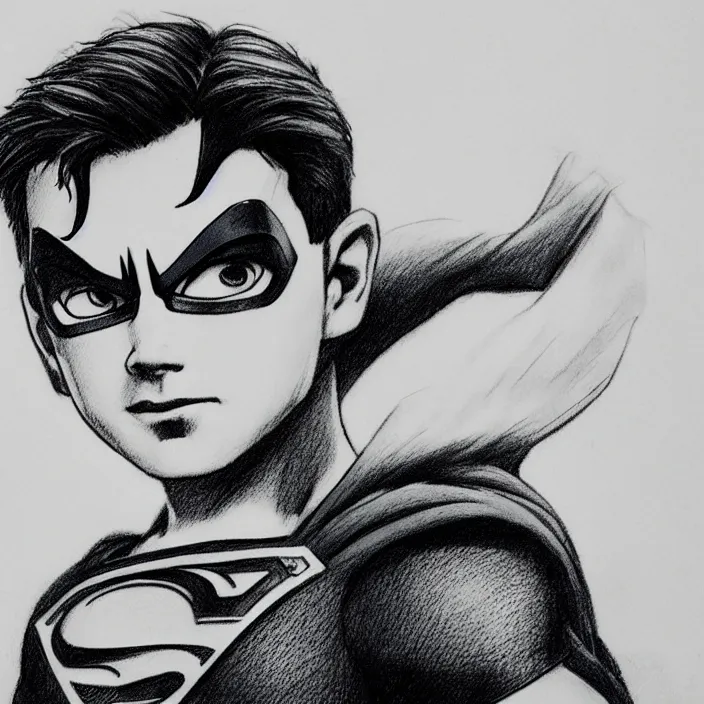 Prompt: epic beautiful color ink pencil realistic majestic drawing of young superman cute hd cinematic portrait by alex ross pixar squareenix frank miller trending on flickr