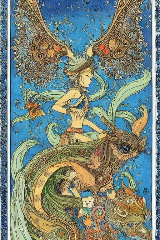 Prompt: intricate and detailed persian miniature of mythical creatures in the style of studio ghibli