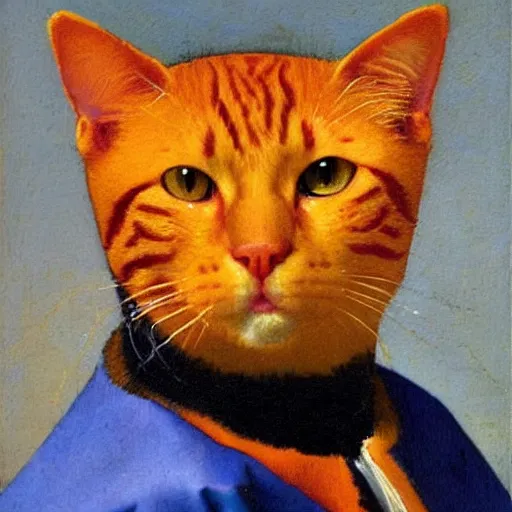Image similar to an orange cat by jan vermeer, oil painting, highly detailed ， headshot, 8 k