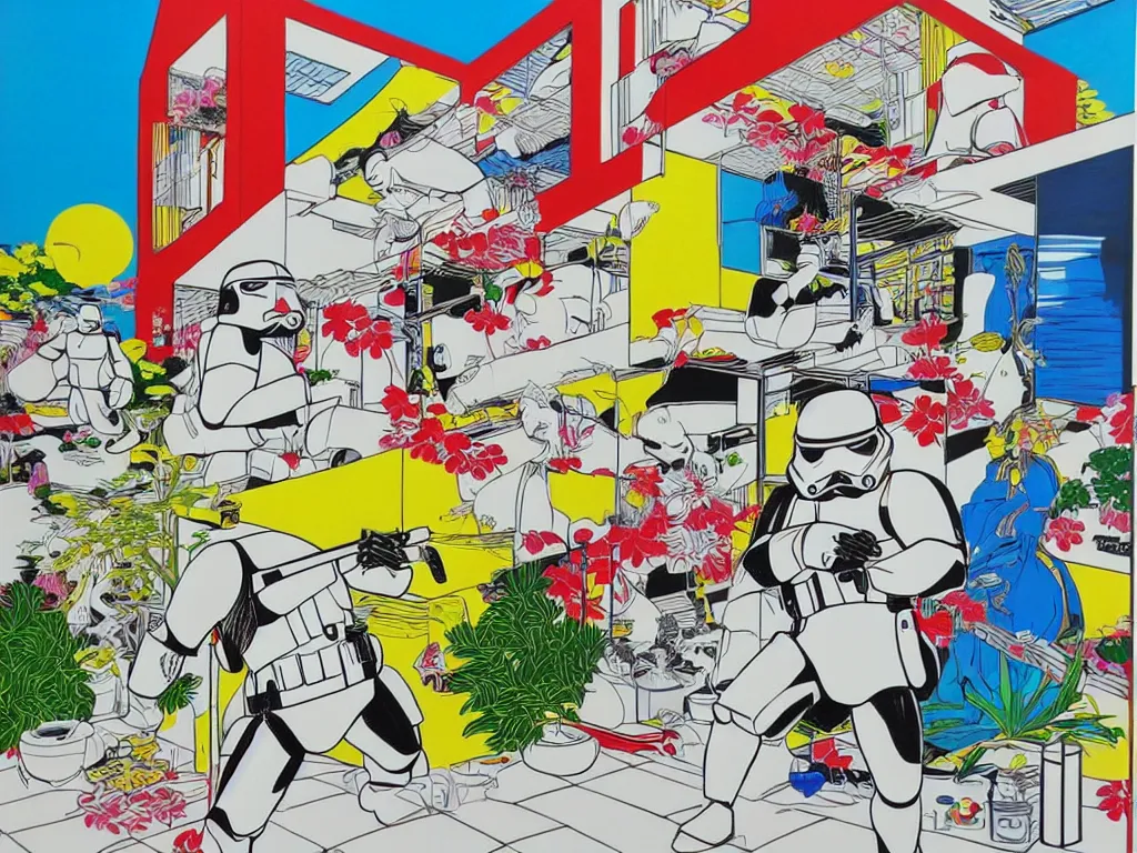 Image similar to hyperrealism composition of the japanese home with a garden, detailed stormtrooper in hot springs, pop - art style, jacky tsai style, andy warhol style, roy lichtenstein style, acrylic on canvas