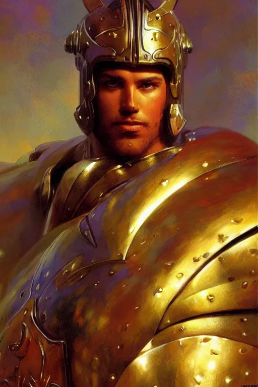 Image similar to attractive beefy male with armor, character design, colorful, afrofuturism, painting by gaston bussiere, craig mullins, j. c. leyendecker, tom of finland