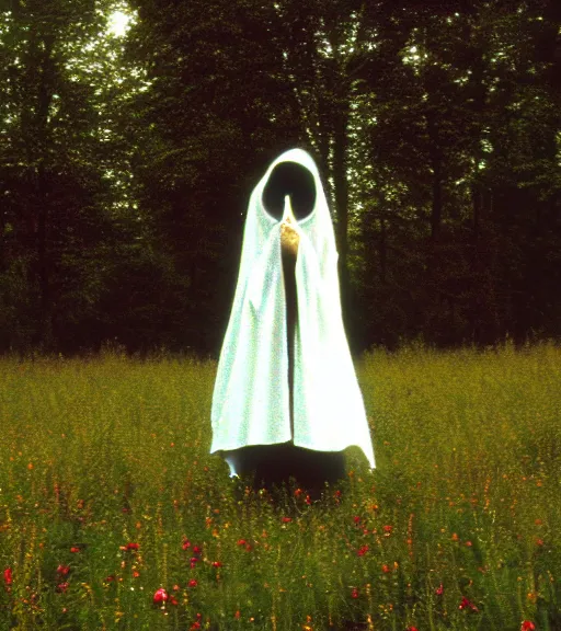 Image similar to white grim reaper with no face standing at distance looking at you in beautiful meadow of flowers, film photo from 1970s, grainy, high detail, high resolution