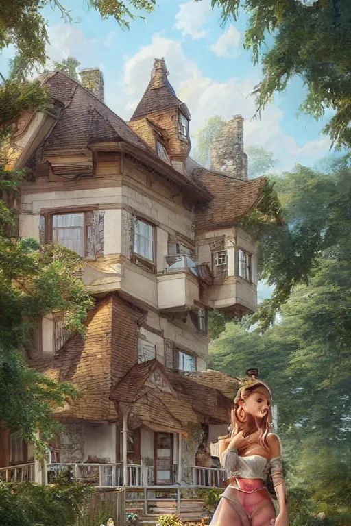 Prompt: happy cottagecore Ariana Grande with her happy family home, countryside villa, intricate, fancy, highly detailed, digital painting, artstation, concept art, smooth, sharp, focus, illustration, art by artgerm and greg rutkowski